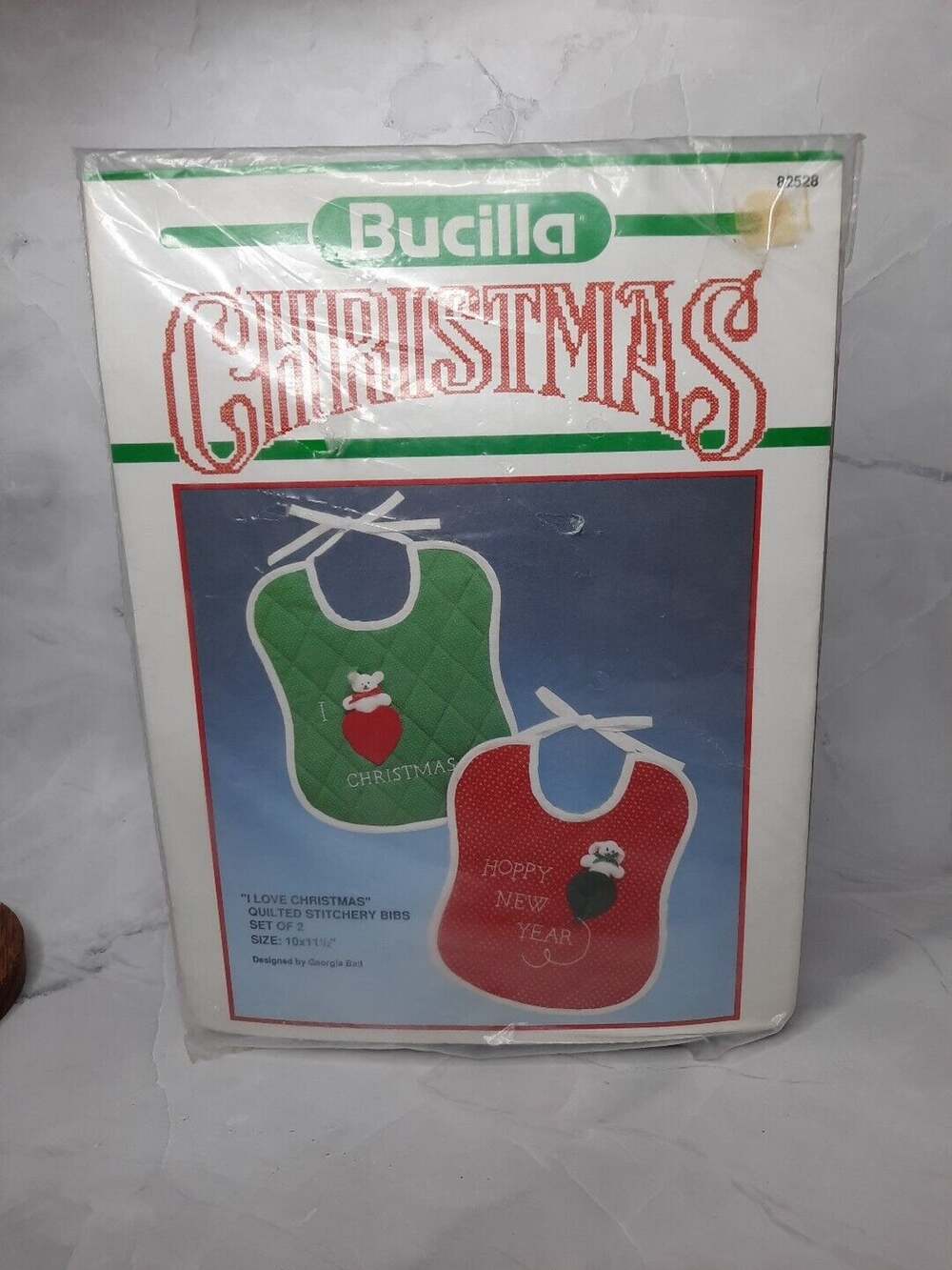Vintage Bucilla Christmas Quilted Stitchery Bibs Kit Set of 2 I love Christmas